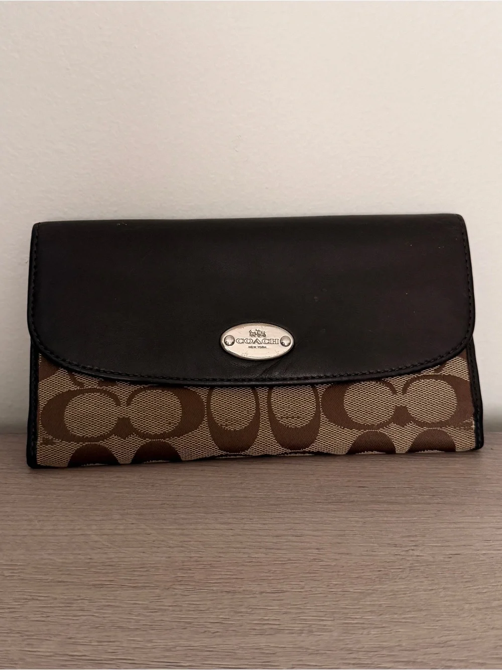 Coach Brown Signature Canvas Trifold Wallet with Leather Trim & Carriage Logo